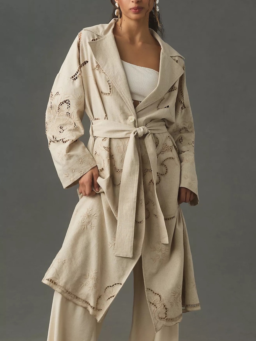 Avec Les Filles Cutwork Linen Trench Coat Size Small NWT